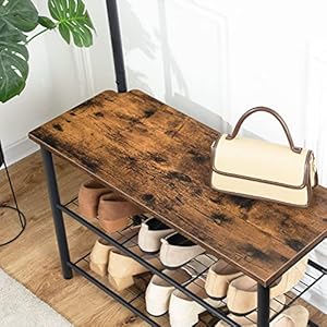 HOOBRO Coat Rack Shoe Bench 3 Tier Shoe Rack Industrial Shoe Organizer Storage Bench Entry Bench with Mesh Shelves for Entryway Living Room Hallway Easy Assembly Rustic Brown BF12HX01