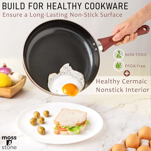 Image of Moss & Stone 6 Pcs Nonstick Cookware Set, Pots And Pans Set Non stick With Glass Lid, Induction Cookware, Stay-Cool Handle PTFE /PFOA Kitchen Pots 6-Piece with Frying Pans & Saucepan, Burgundy