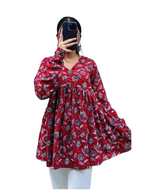 Image of Printed Kurti for Womens V-Neck TOP with Beautifull Design, Full Sleeves