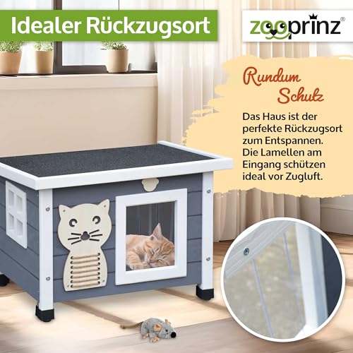 zooprinz Premium Holz Katzenhaus – Katzenkiste mit Dach zum Öffnen, Fenster und Schwingtür – Sisalband an der Katzenbox – Wetterfest für Garten/Balkon – Innen- und Draußen Hütte (Grau-Weiß, Standard)