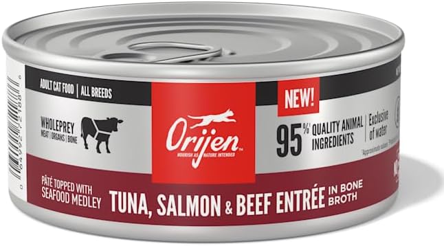 ORIJEN Tuna, Salmon + Beef Entree in Bone Broth Wet Cat Food, 5.5 oz., Case of 12