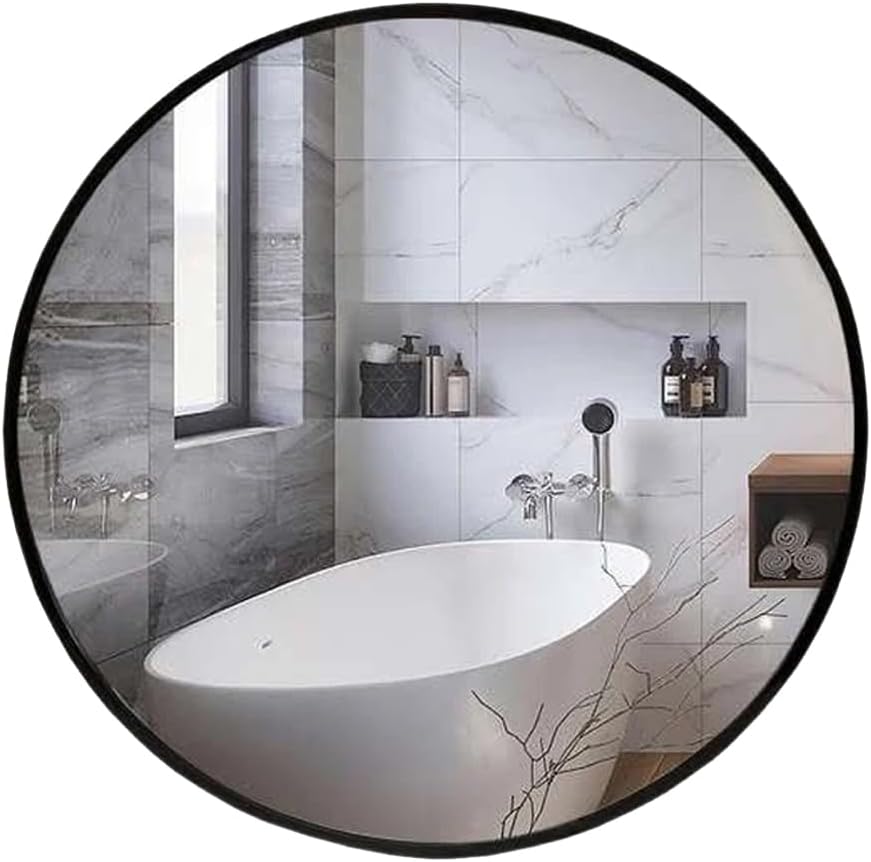 Round Wall Mirror with Black Frame, 50.5 cm, PVC Frame Wall Mountable Stick On Glass Mirror for Bathroom, Bedroom, Living Room, Hallway Decoration (Black Round(51cm))