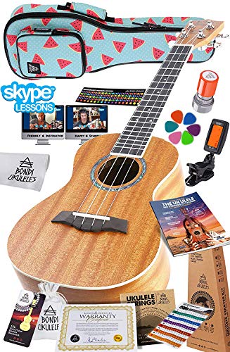 (Concert) - Ukulele Starter Kit (15-FREE-Bonuses) Mahogany Uke, Compression Sponge Case, Aquila Strings, Felt Picks, Tuner, Chord Stamp, Chord Chart, Leather Strap, Live Lesson & More