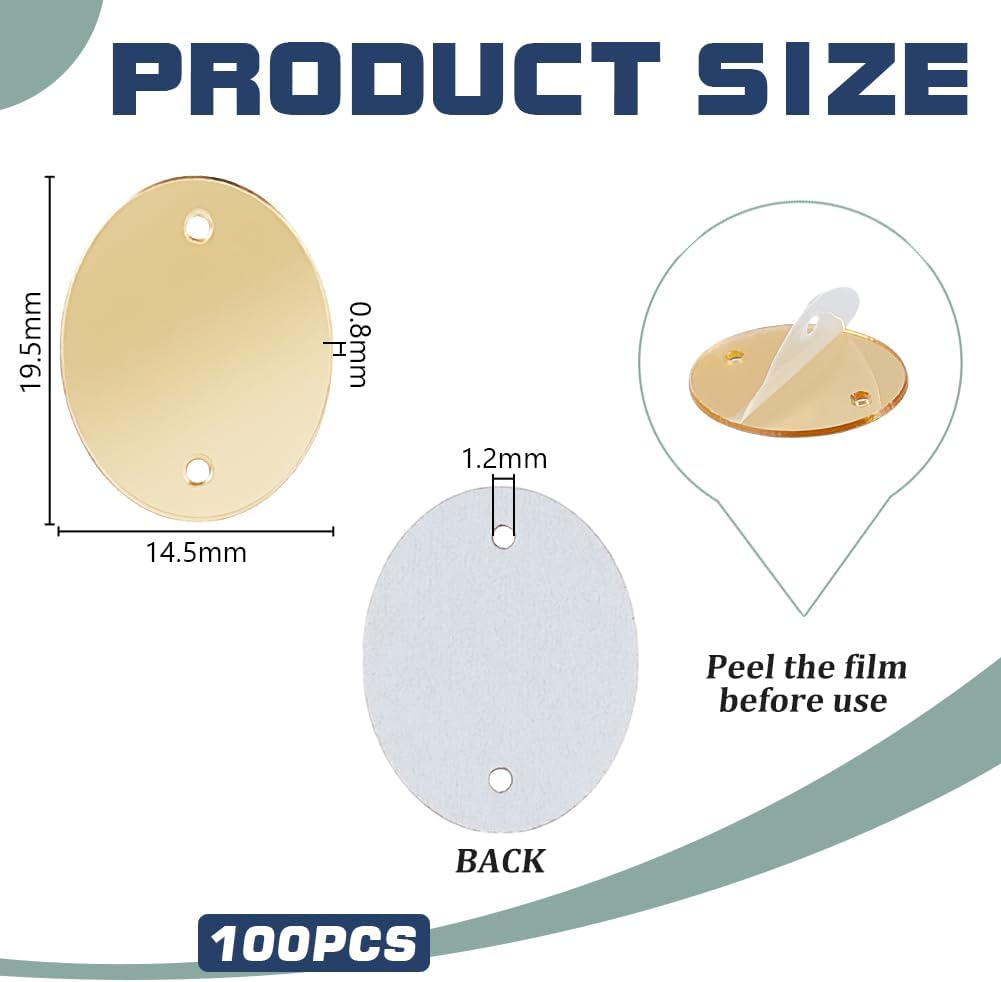 AHANDMAKER 100Pcs Sew on Mirror Acrylic Oval Flat Back Mirror Beads with Hole Gold DIY Mirrored Rhinestones Decorative Mosaic Tiles for Costume Dresses Garment Accessory 19.5x14.5x0.8mm
