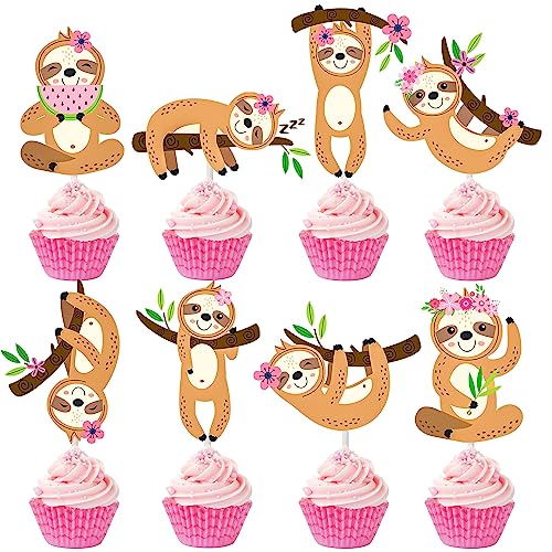 24 Stück Faultier Cupcake Topper Dekorationen Faultier Geburtstag Party Zubehör für Mädchen Faultier Thema Geburtstag Party Babyparty Hochzeit Party Zubehör
