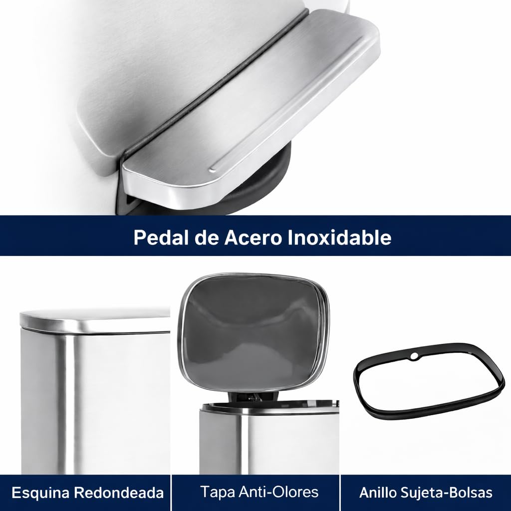 T-LOVENDO.ES Cubo de Basura 50L Grande de Acero Inoxidable con Pedal | Papelera con Tapa Anti-Olores | Sistema Sujeta Bolsas | Diseño Moderno | Apertura Suave y Silenciosa | Cocina Baño Oficina
