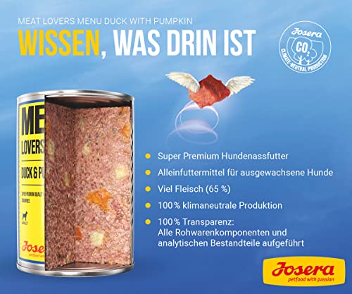 JOSERA Meat Lovers Menu Duck with Pumpkin (6 x 800 g) | Adult | Premium Nassfutter für ausgewachsene Hunde | Ente mit Kürbis - mit viel Fleisch (65%) | weizenfrei | Hundefutter nass | 6er Pack