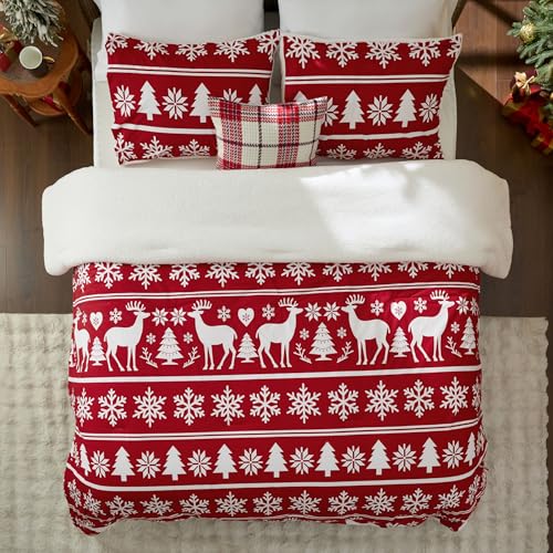 Image of Bedsure Fluffy Christmas Comforter Set King - Christmas Reversible Sherpa Fleece Bedding, Red Warm Bed Sets for Winter, 3 Pieces, 1 Soft Plush Shaggy Comforter with 2 Pillowcases