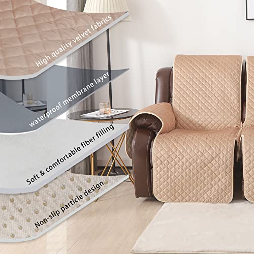 Image of Velvet Recliner Covers Non Slip Waterproof Large Recliner Chair Covers for Leather Chairs Recliner Sofa Cover for Living Room (Beige, 3 Seater)