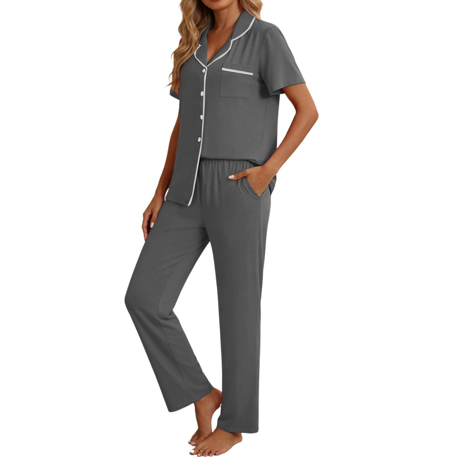 Pigiami Invernali Donna - Completo a Due Pezzi con Maniche Corte e Bottoni Morbido e Confortevole con Pantaloni Lunghi per Un Sonno Accogliente