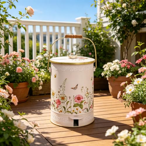 Image of Pink Floral Metal Step Trash Can with Lid, 8L Vintage Butterfly & Wildflower Decorative Waste Basket with Handles for Bathroom, Bedroom, Kitchen, 14.57 inch x 9.84 inch
