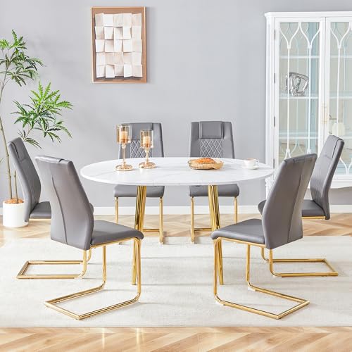 Image of Round Dining Table Set for 6, 42-54 inch Extendable Dining Table Set with 6 Upholstered Chairs, White Faux Marble Style, Space-Saving Round Kitchen & Dining Room Table Set with 6 Dark Gray Chairs