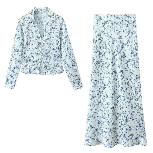 Women Skirt 2 Piec Suits Floral Print Slim Short Shirt + Casual Vintage Skirt Vacation Set2