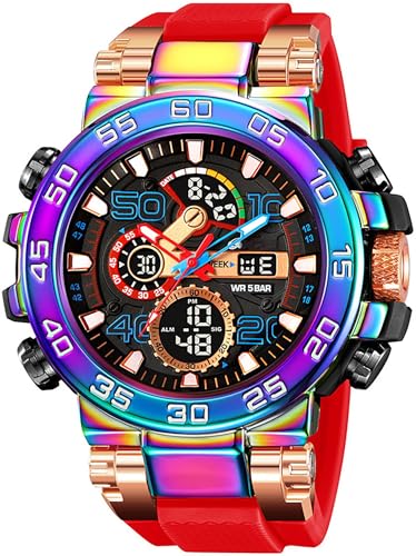 findtime Bunte Uhren Herren 5ATM Wasserdicht Digitaluhr mit Doppelzeit 12/24H Anzeig LED Datum Stoppuhr Große Herrenuhr Cooles Militär Design Rot