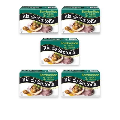 Zamburiñas en Salsa de Vieira Ría de Santoña Pack de 5 Latas de 111grs - Disfruta de su calidad y sabor en cada bocado, con una receta tradicional y artesanal que realza cualquier plato.