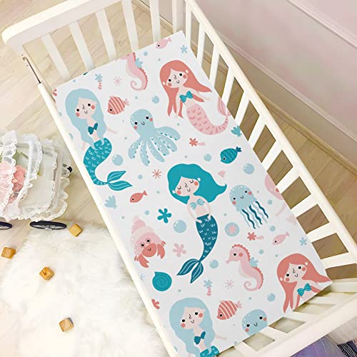 Image of Fitted Crib Sheets Cute Mermaid and Octopus Stretchy Portable Playard Sheets for Baby Toddler, Breathable Soft Mini Crib Mattress 39 x 27 in for Boys and Girls
