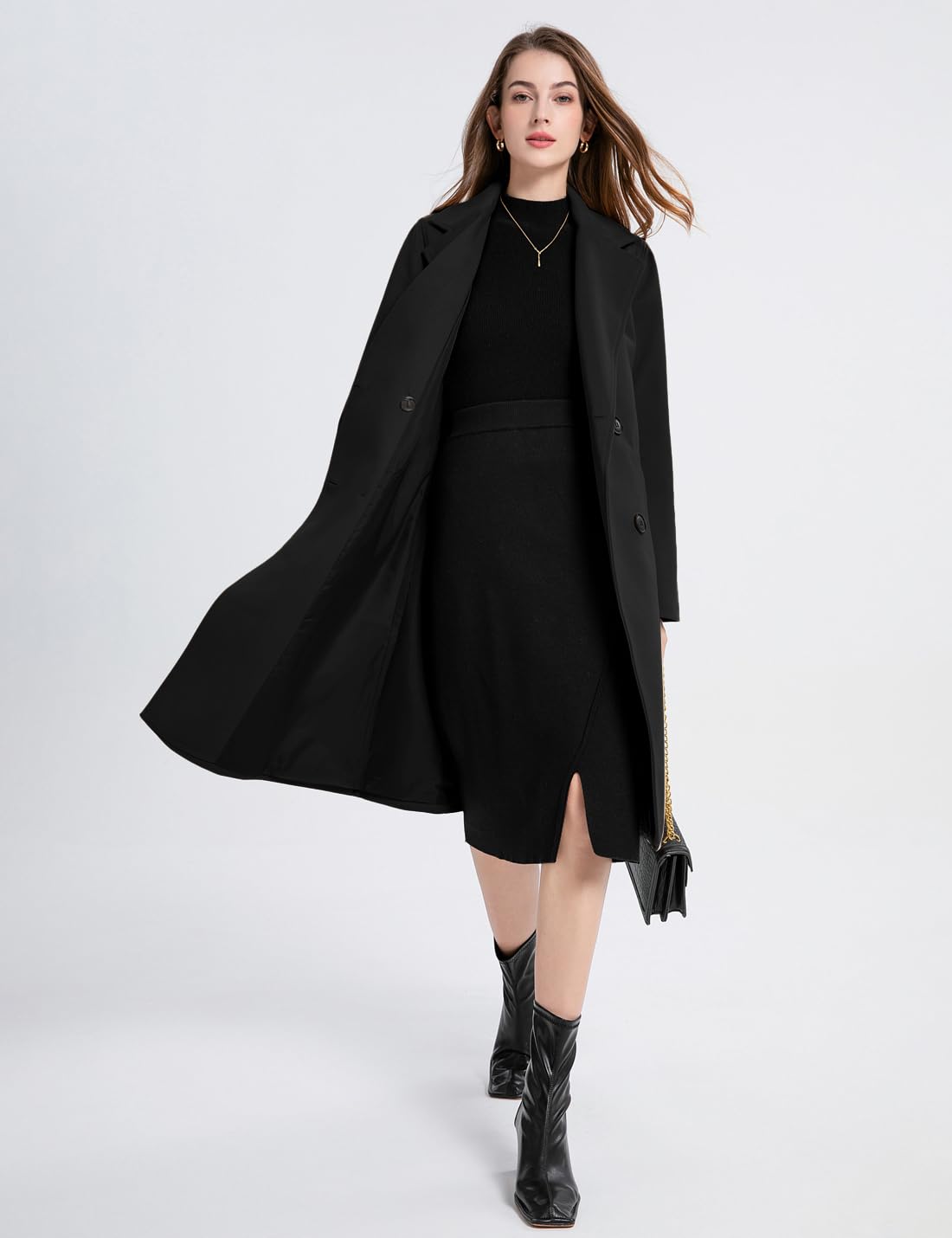 Manteau d'hiver en laine mélangée pour femme - Col à revers - Double boutonnage - Décontracté - Moyen - Long - Trench - Vestes d'extérieur