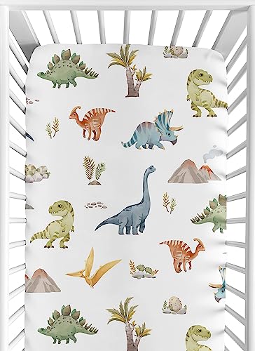Image of Sweet Jojo Designs Fitted Baby Crib Sheets (Watercolor Dinosaur Dino) for Boys, Infant Nursery, Toddler Room - Standard Size (Modern, Dinosaurs, Jurassic, Nature, Animal, Steel, Green, Blue & White)