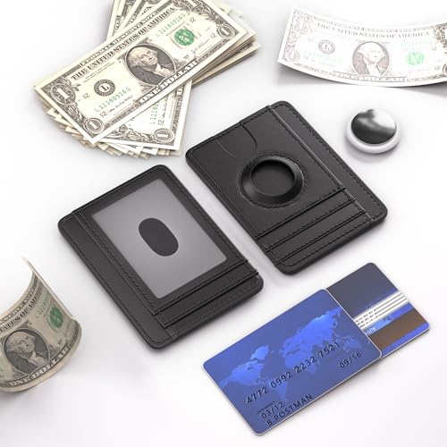 Slim Front Pocket Wallet with AirTag Holder - Minimalist Premium Genuine Leather RFID Blocking Cash and Card Wallet for Men, Compatible with AirTag,wallet. EN-K (Black)3