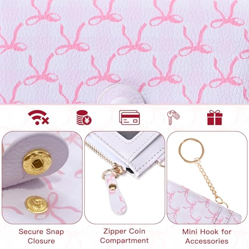 Image of COSHAYSOO Key Chain Wallet for Women Ladies RFID Protection-Small Mini Purse with Card Slots ID Window Coin Zipper-Compact Bifold Design Bill Compartment Waterproof PU Leather-Bow Pattern