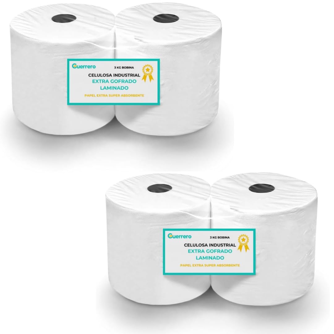 Papel Industrial Secamanos - Rollo Bobina 3kg Profesional - Pack 4 Bobinas Pasta Celulosa Toalla Mecha Desechables - Acabado Laminado para Limpieza en Taller, Cocina (4 BOBINAS, 4 BOBINAS)