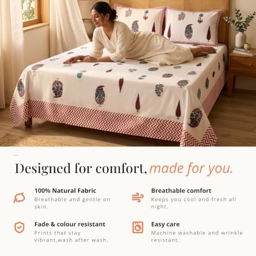 Image of Naksh Bedsheet for Double Bed King Size Floral Print 2 Pillow Covers | Royal Crimson Botanical Bedsheet | Soft Breathable Heritage Floral Bedding Set | Royal Sajawat Collection |