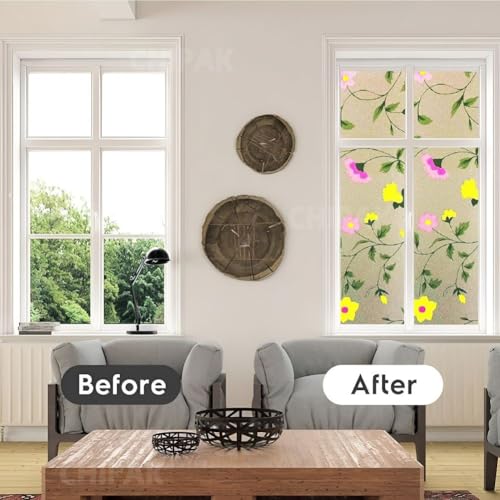 Image of CHIPAK Premium Vinyl Privacy Stained Window Glass Film (18x100 Inch) - Self-Adhesive Decorative Sticker Opaque Sheet Tint Wallpaper for Glass Cover Window, Door, Office.| Anti-UV. Pink Yellow Flowers