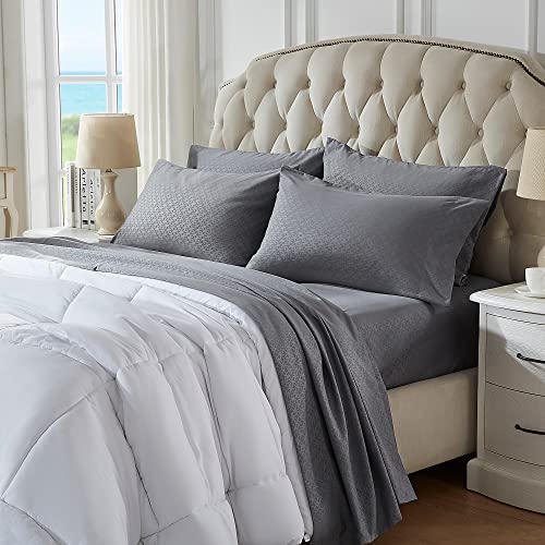 SLEEP ZONE Luxury Embossed Queen Sheets Set, Four-Leaf Clover Pattern Sheet & Pillowcase Sets 4 Piece - Super Soft, Wrinkle Free, Fade Resistant, Deep Pocket 16" (Gray, Queen)