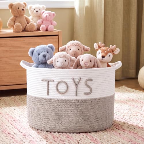 Novabright Extra Large Toy Box Toy Chest and Storage for Girl Giant Laundry Basket 21.7" x 21.7" x 13.8" Woven Cotton Rope with Handle for Play Room Living Room Bedroom (Round,Oatmeal Color)
