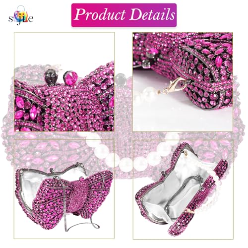 Image of Handmade Inlay Rhinestone Bow Clutch Bag for Women, Sparkling Evening Party Wedding Purse with Detachable Pearl Chain