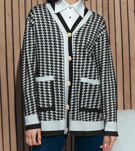 Image of Women's Houndstooth Knit Cardigan Sweater V-Neck Button-Down Jacket with Pockets