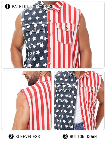 Image of AOBUTE Mens 4th of July Denim Vest American Flag Print Sleeveless Jean Jacket