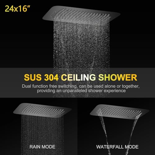 Sistema de ducha dual AYIVG en negro mate con 4 funciones, cabezal de lluvia y cascada de 16 x 24 pulgadas, cabezal de pared de 8 pulgadas con ducha manual y válvula digital miniatura 2