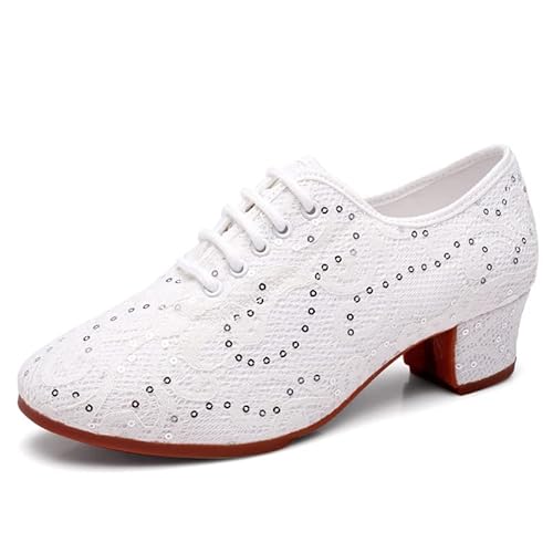 RUYBOZRY Damen Latein Tanzschuhe Schnürschuhe üben Mit Geschlossenem Zeh Modern Jazz Dance Übungsschuhe Mit Niedrigem Absatz,LPWMMD-White-ZBMD-3,EU38 Cover