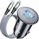 AINOPE 67.5W Super Mini Car Charger USB C 45W PD&QC 3.0 Fast Charging with C to Lighting Cable for iPhone 14 Pro Max 13 12 11, Samsung Galaxy S25, Android, All Metal Cigarette Lighter Adapter
