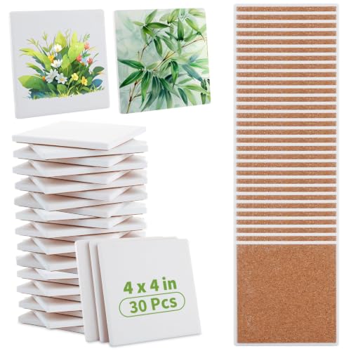 CYEAH 30 Pcs Ceramic Tiles for Crafts 4 x 4 inch Blank Ceramic Coasters Unglazed Ceramics Tile for Painting Blank Coasters White Tile for Alcohol Ink Acrylic Pouring DIY Art Projects Decorating