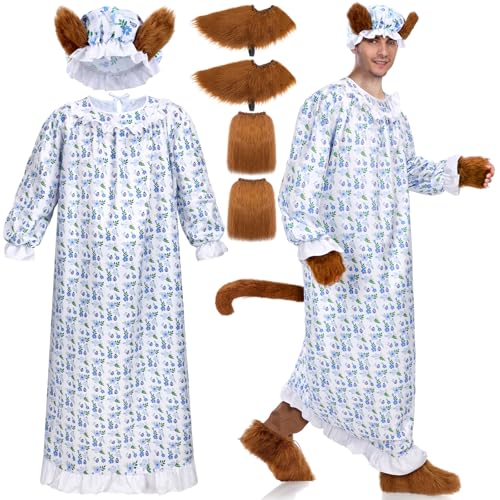 Skicuff 4 Pcs Halloween Granny Wolf Costume Set of Floral Print Dress with Tail Wolf Claws Gloves Shoes Cover and Hat Fairy Tale Dressup for Adult Unisex Outfits Cosplay(White Blue)
