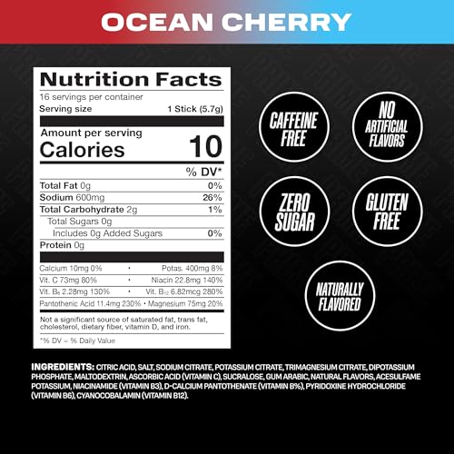 Image of Prime Rapid Rehydration Electrolyte Powder Sticks, Ocean Cherry, Sugar Free Hydration Drink Mix with Sodium, Potassium, Magnesium & B Vitamins to Replenish Fluids, Caffeine Free, 16 Count