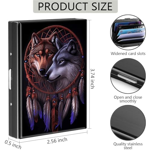 Credit Card Holder, Wolf Dream Catcher Design Mini RFID Blocking Aluminum Wallet Slim Metal Hard Case Shell Travel Wallet ID Case Small Credit Cards Case Business Cards for Women Men Girls2