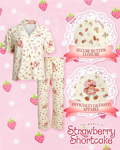 Image of COCO BRANDS Strawberry Shortcake Womens Pajama Sets - 2 Piece Soft Stretch Button Down Sleep Shirt and Pajama Pants