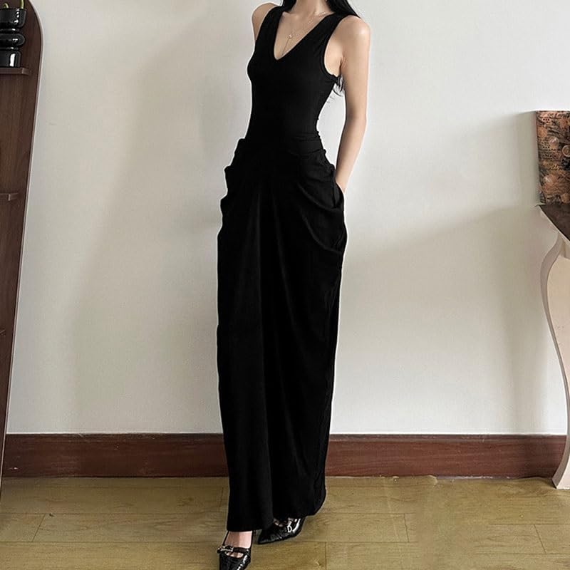 JSEIAJB Spring Women's Wear Color Slim Fit High Waist Dress Fashion V-Neck Sleeveless Dress
