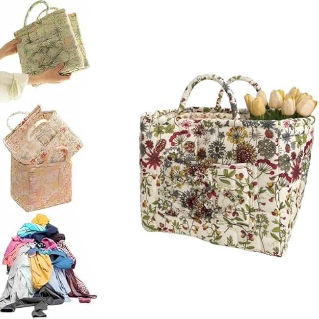 Quilted Storage Basket,Large Capacity Fabric Storage Baskets,Floral Laundry Baskets,Large Capacity Folding Puffer Tote with Front Pocket and Handle for Clothes and Sundries (V)