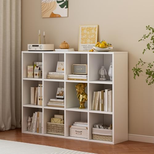12-Cube-Storage-Shelf-Bookcase-Warm-White-Wooden-3-Tier-Open-Bookshelf-Fits-1111-Bins-Vertical-or-Horizontal-Use-Full-Back-Panels-For-Home-Office