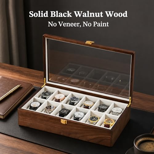 Image of Solid Black Walnut Watch Box, 12 Slot Wooden Watch Organizer with Glass Lid, High-End Watch Display Case Jewelry Storage Box, Gift for Husband, Dad, Birthday, Anniversary, Father's Day, Men and Women