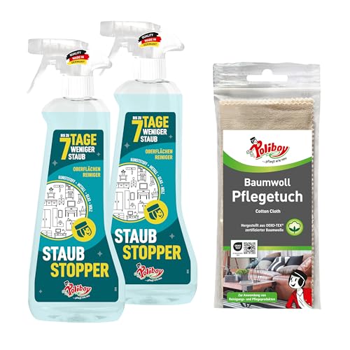 Polliboy - Tapón de polvo – hasta 7 días menos polvo – Limpiador multiusos – para muebles y superficies propensos al polvo – 2 x 500 ml con paño de algodón – Fabricado en Alemania