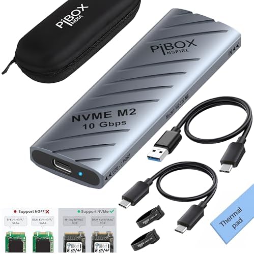 piBOX India NVMe SSD Enclosure - USB 3.2 10Gbps, Tool-Free M.2 NVMe Case, PCI-E NVMe Reader, USB-C, Supports M & B&M Keys, 2230/2242/2260/2280 SSDs Powerful - JM583 Chipset