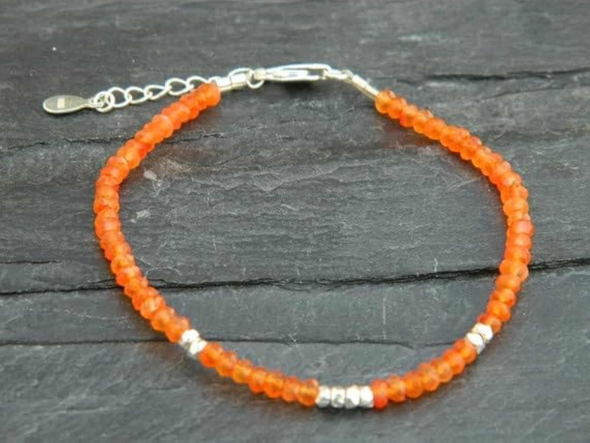 Carnelian Rondelle Beaded Bracelet, Adjustable 7 Inch with Silver Plated Clasp