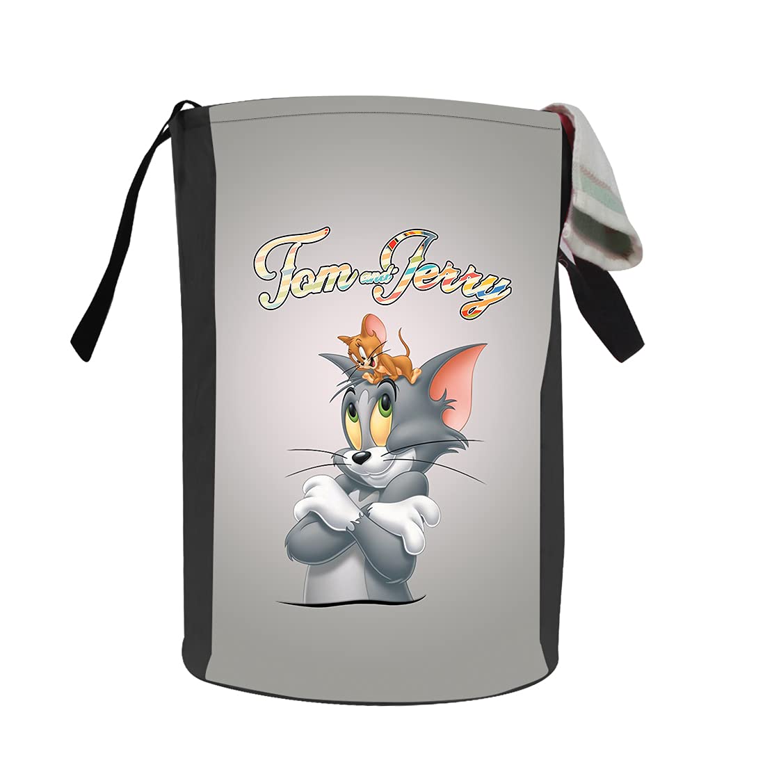 PrettyKrafts 45L Polycotton Tom & Jerry Printed Round Foldable Large Laundry Bag/Basket With Handles, Freestanding Clothes Storage Toy Organizer for Bedroom (36x36x45cm, Grey, Set of 1)-image-43