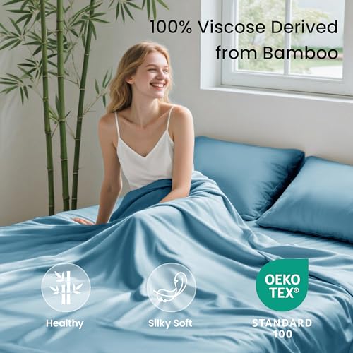 Image of Love's cabin 4 Piece King Size Sheet Set, 100% Rayon Derived from Bamboo, Cooling & Breathable, Soft Silky Deep Pocket up to 16 inch, Hotel Luxury Bedding for Hot Sleepers, Aqua