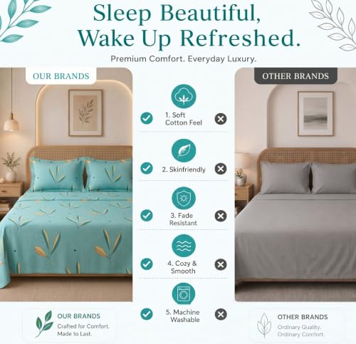 Image of HOMEKART Glace Cotton 160 TC Leaf Printed Double Bedsheet with 2 King Size Pillow Covers | Soft & Durable | 86 x 88Inches (Green)
